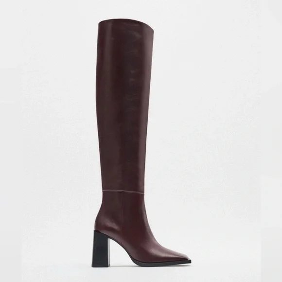 Zara leather boots brown square toe - Picture 1 of 9